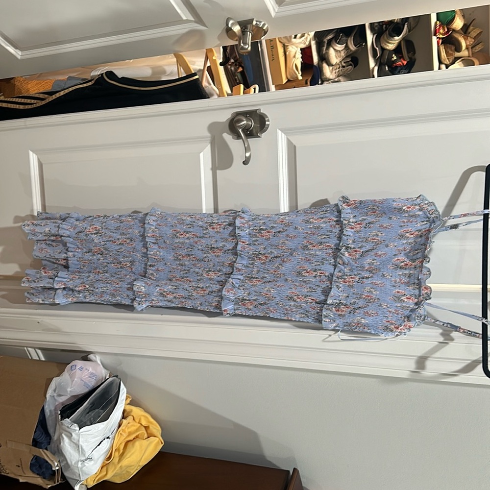 Formfitting Mitty blue floral spaghetti strap dress with ruffles